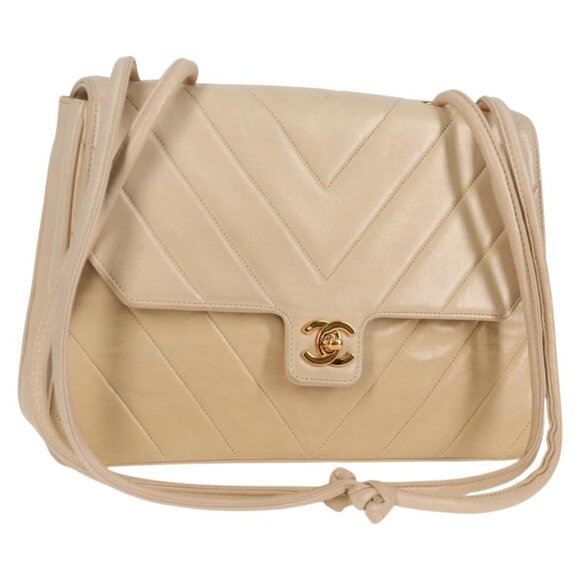 CHANEL V Stitch Shoulder Bag Lamb Skin Gold Beige CC Auth PP445 - Picture 1 of 16
